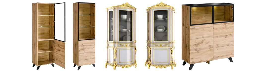 Display cabinet for the living room: hanging, corner, lit