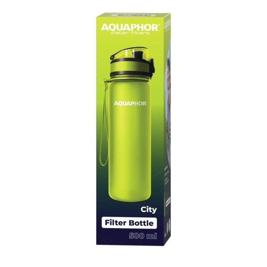 בקבוק עם פילטר לטיהור מים דגם AQUAPHOR CITY ל-0.5 ליטר, צבע ירוק. מסננים Aquaphor, מערכות טיהור וסינון מים, בקבוק מסנן מים.