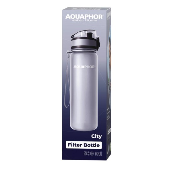 בקבוק עם פילטר לטיהור מים דגם AQUAPHOR CITY ל-0.5 ליטר, צבע אפור. מסננים Aquaphor, מערכות טיהור וסינון מים, בקבוק מסנן מים.
