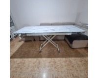 Стеклянный стол трансформер, белой мраморной расцветки, длина 120 см