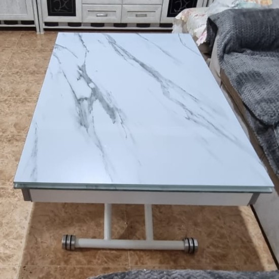 Стеклянный стол трансформер, белой мраморной расцветки, длина 120 см