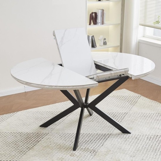 שולחן עגול להרחבה עם פלטת קרמיקה לבנה דגם DT-193-WHITE. ריהוט, שולחנות וכסאות, שולחנות מטבח, שולחנות עגולים, שולחנות קרמיקה.