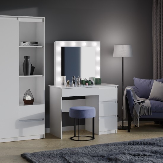Маленький туалетный столик MARY белого цвета, с зеркалом и подсветкой, шириной 98 см, ящики справа