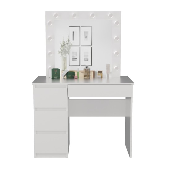 שולחן איפור קטן MARY לבן, עם מראה ותאורה, רוחב 98 ס"מ, מגירות משמאל