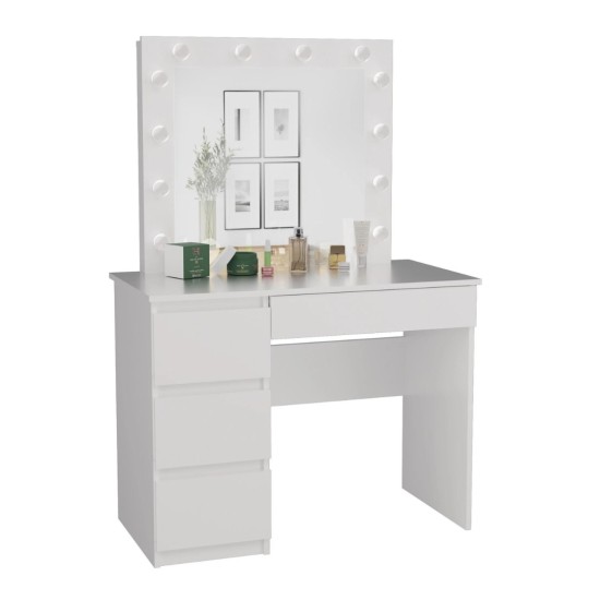 שולחן איפור קטן MARY לבן, עם מראה ותאורה, רוחב 98 ס"מ, מגירות משמאל