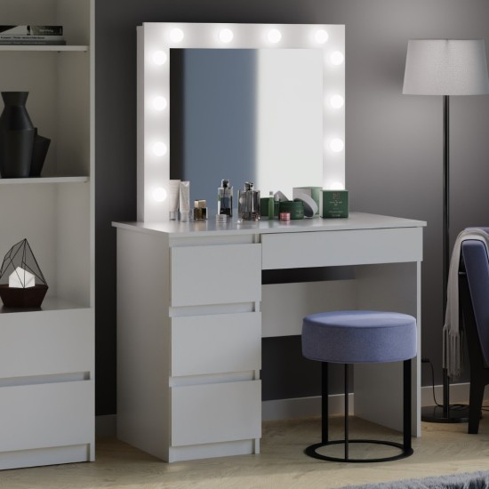 Маленький туалетный столик MARY белого цвета, с зеркалом и подсветкой, шириной 98 см, ящики слева Мебель, Бюджетная мебель, Корпусная мебель, Трюмо / Туалетные столики