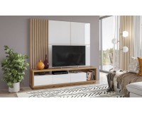 CELINE 09 Wall Unit with Slats and TV Panel, Wotan Oak / White Glossy image