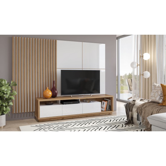CELINE 10 Wall Unit with Slats and TV Panel, Wotan Oak / White Glossy Furniture, Living Room Furniture, Modern Furniture Wall Units, Modular Furniture, TV Stands, Collection CELINE image