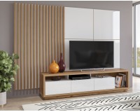 מזנון לסלון CELINE 10 עם חיפוי קיר ופאנל לטלוויזיה, אלון ווטן / לבן מבריק