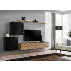 SWITCH V hanging wall unit, black gloss with Wotan oak, slatted fronts