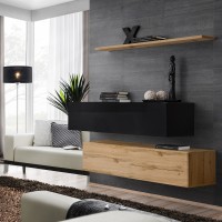 Hanging chest SWITCH SB2, black gloss with Wotan oak