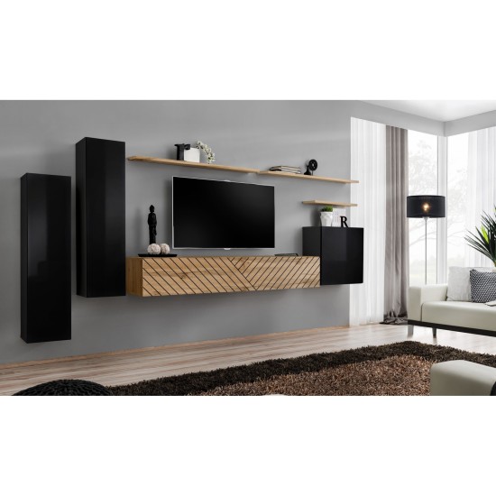 מזנון לסלון SWITCH I, שחור מבריק עם אלון Wotan, חזיתות למלה