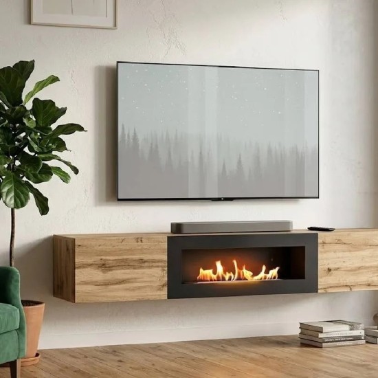 SWITCH wall hung TV unit with a bio fireplace, Wotan oak