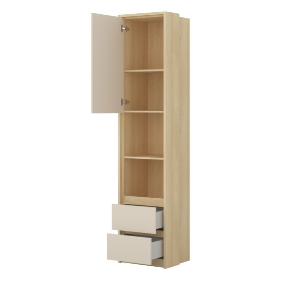 Shelving unit TERRA 45 cm, Lindberg oak with sandy beige, one door and two drawers, shallow Shelving unit TERRA 45 cm, Lindberg oak with sandy beige, one door and two drawers, shallow