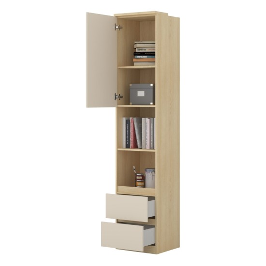 Shelving unit TERRA 45 cm, Lindberg oak with sandy beige, one door and two drawers, shallow Shelving unit TERRA 45 cm, Lindberg oak with sandy beige, one door and two drawers, shallow
