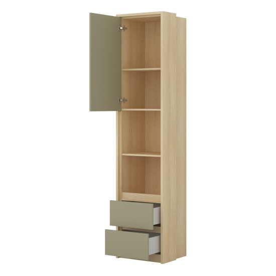 Shelving unit TERRA 45 cm, Lindberg oak with eucalyptus, one door and two drawers, shallow