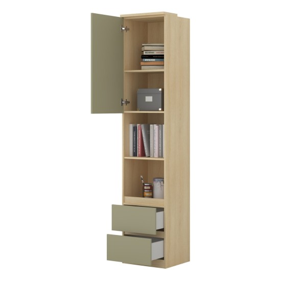 Shelving unit TERRA 45 cm, Lindberg oak with eucalyptus, one door and two drawers, shallow