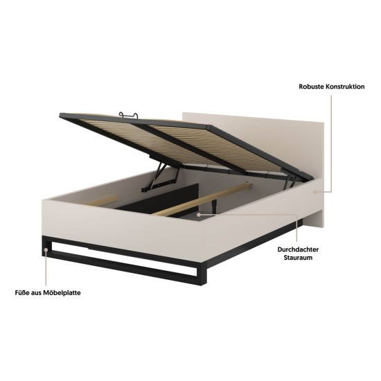 Bed HALLE Helvetia 160x200 cm, cashmere, with a bedding box and a lifting frame
