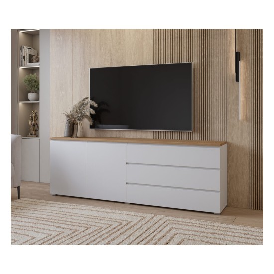 Chest of drawers MODO 200 cm, white with mauvella oak, two doors and three drawers