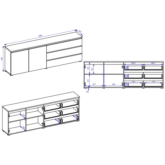 Chest of drawers MODO 200 cm, white with mauvella oak, two doors and three drawers Chest of drawers MODO 200 cm, white with mauvella oak, two doors and three drawers