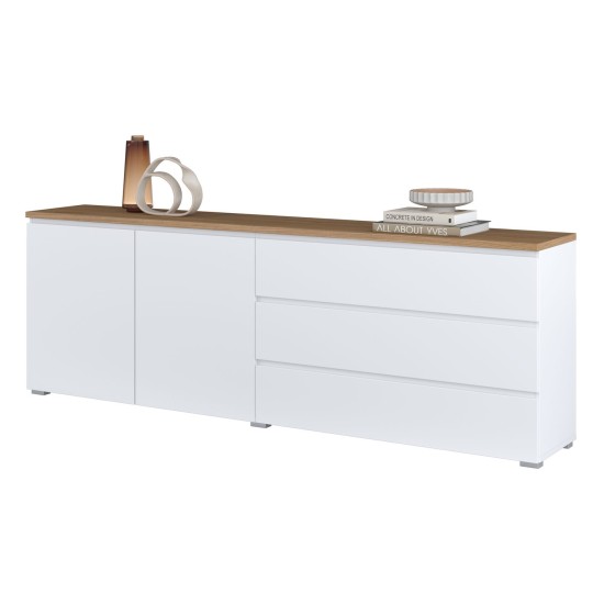 Chest of drawers MODO 200 cm, white with mauvella oak, two doors and three drawers