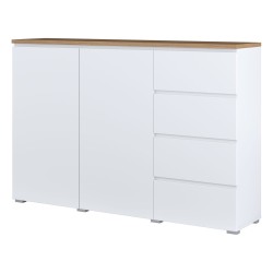 Chest of drawers MODO 150 cm, white with mauvella oak, two doors and four drawers