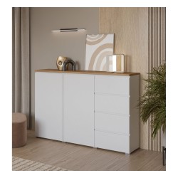 Chest of drawers MODO 150 cm, white with mauvella oak, two doors and four drawers