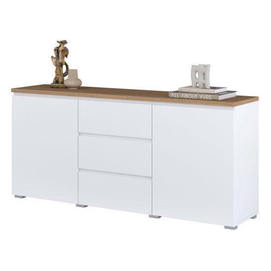 Chest of drawers MODO 150 cm, white with mauvella oak, two doors and three drawers