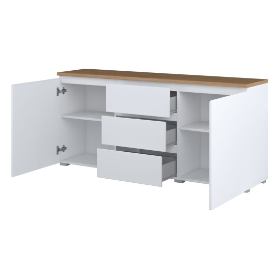 Chest of drawers MODO 150 cm, white with mauvella oak, two doors and three drawers