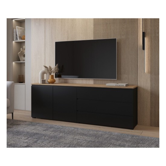 Chest of drawers MODO 200 cm, black onyx with mauvella oak, two doors and three drawers Chest of drawers MODO 200 cm, black onyx with mauvella oak, two doors and three drawers