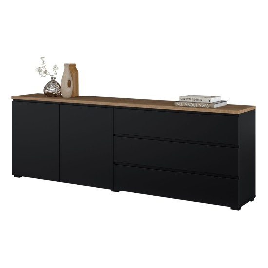 Chest of drawers MODO 200 cm, black onyx with mauvella oak, two doors and three drawers Chest of drawers MODO 200 cm, black onyx with mauvella oak, two doors and three drawers