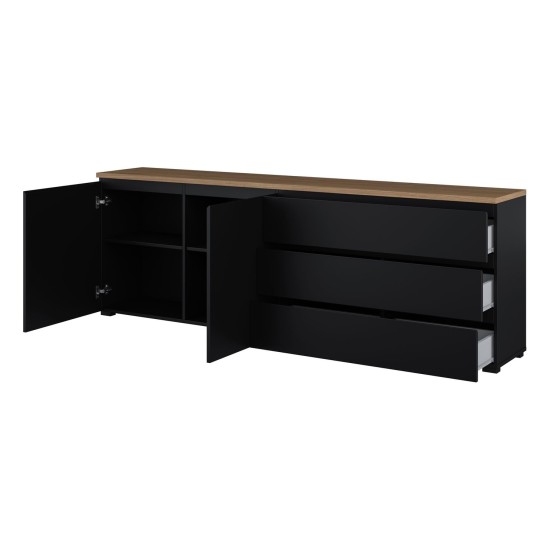 Chest of drawers MODO 200 cm, black onyx with mauvella oak, two doors and three drawers Chest of drawers MODO 200 cm, black onyx with mauvella oak, two doors and three drawers