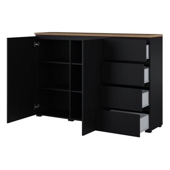 Комод MODO 150 см, чёрный оникс с дубом мовелла, две двери и четыре ящика