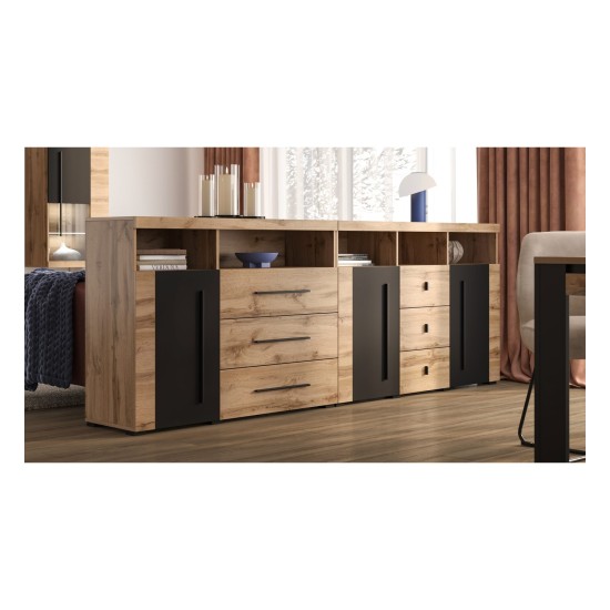 Chest of drawers ROGER 132 cm, wotan oak with black
