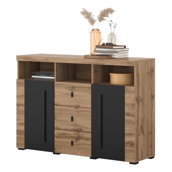 Chest of drawers ROGER 132 cm, wotan oak with black