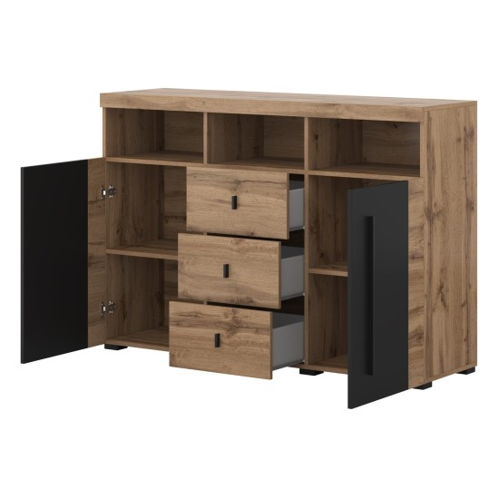 Chest of drawers ROGER 132 cm, wotan oak with black