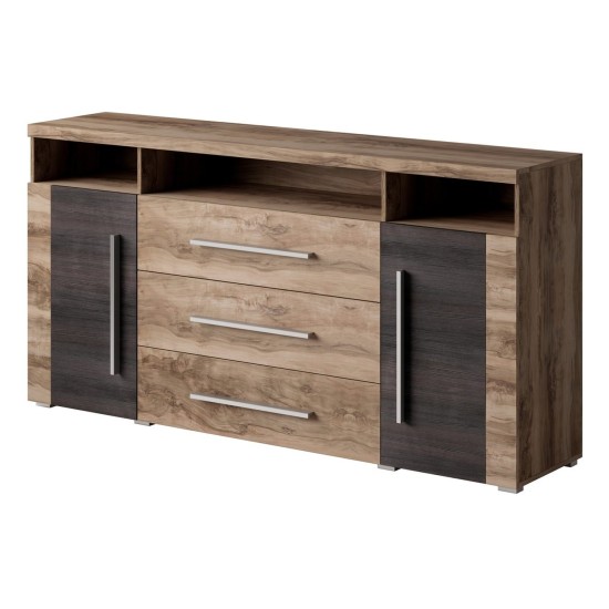 Chest of drawers ROGER 182 cm, satin nussbaum, two doors and three drawers