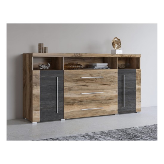 Chest of drawers ROGER 182 cm, satin nussbaum, two doors and three drawers