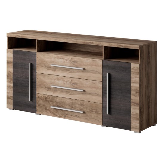 Chest of drawers ROGER 182 cm, satin nussbaum, two doors and three drawers
