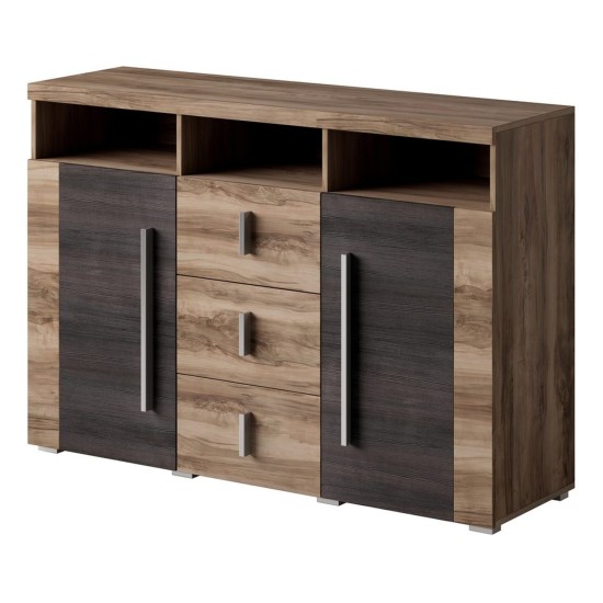 Chest of drawers ROGER 132 cm, satin nussbaum, two doors and three drawers