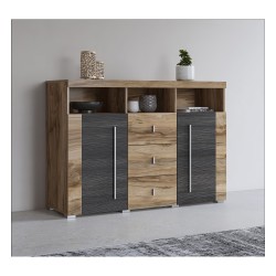 Chest of drawers ROGER 132 cm, satin nussbaum, two doors and three drawers
