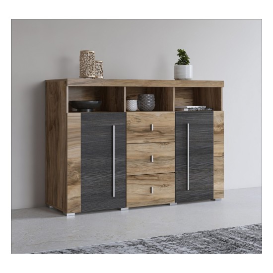 Chest of drawers ROGER 132 cm, satin nussbaum, two doors and three drawers