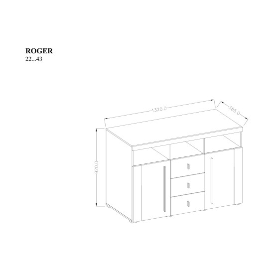Chest of drawers ROGER 132 cm, satin nussbaum, two doors and three drawers