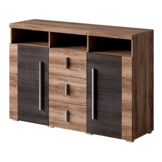 Chest of drawers ROGER 132 cm, satin nussbaum, two doors and three drawers