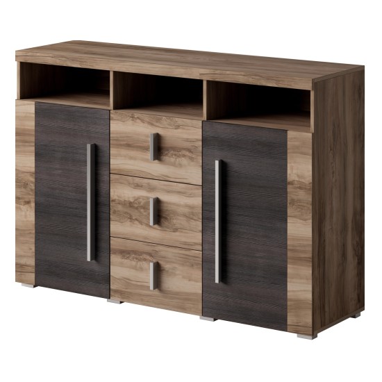 Chest of drawers ROGER 132 cm, satin nussbaum, two doors and three drawers