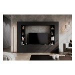 Стенка AURA 261 см, графитовый чёрный с текстурой дерева, пять откидных дверец, с двумя стеллажами