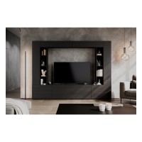 Стенка AURA 261 см, графитовый чёрный с текстурой дерева, пять откидных дверец, с двумя стеллажами