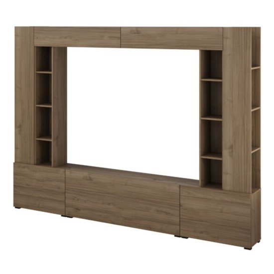Wall unit AURA 261 cm, royal walnut, five flap doors, with two shelving units