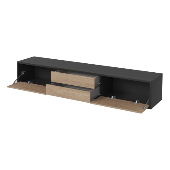 TV unit FRIDA 180 cm, oiled oak with anthracite, two drawers, wall-mountable, type 39
