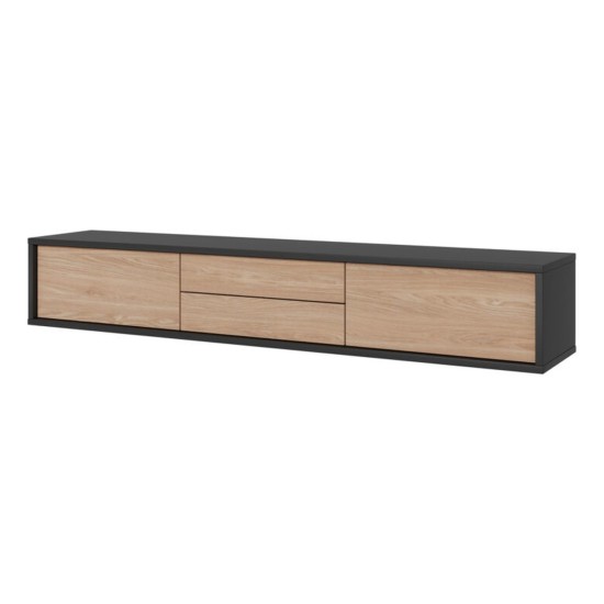TV unit FRIDA 180 cm, oiled oak with anthracite, two drawers, wall-mountable, type 39